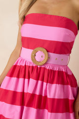 The Amanda Pink & Red Stripe Cotton Strapless Midi Dress