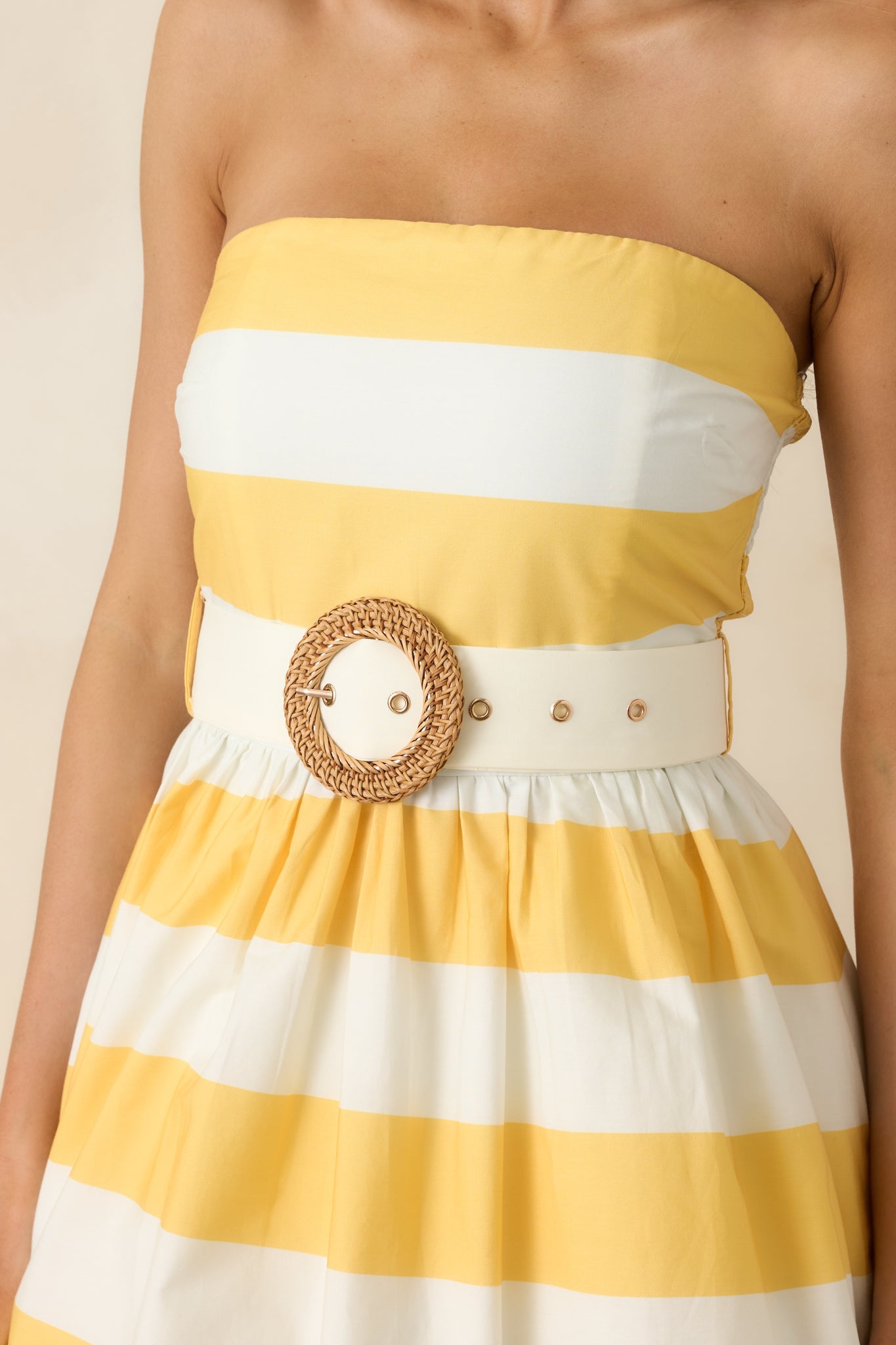 The Amanda Yellow & White Stripe Cotton Strapless Midi Dress