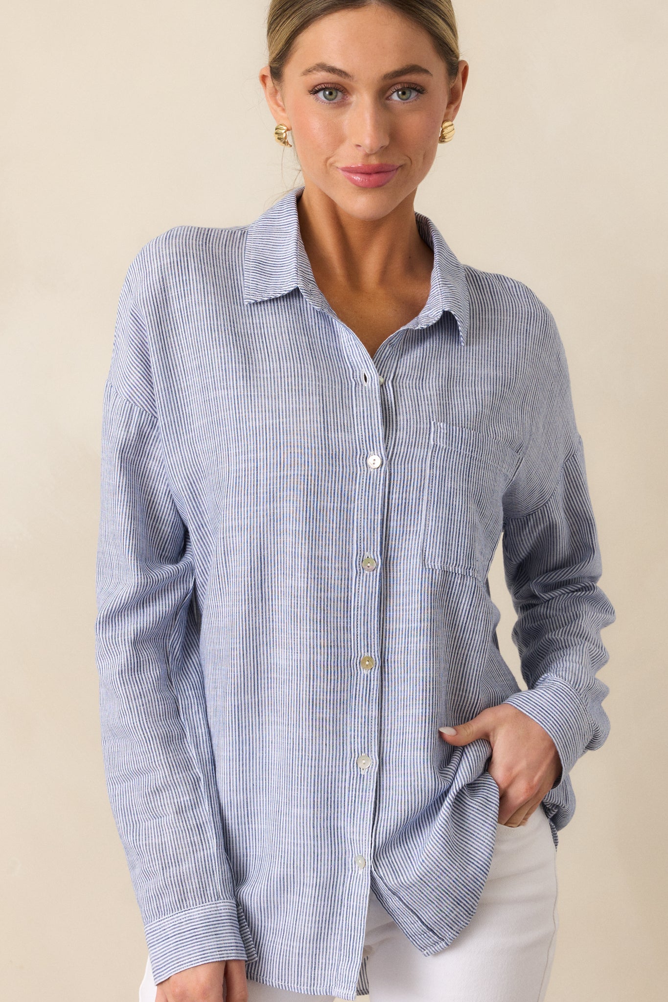 What Do You Mean Blue Stripe Linen Blend Button Front Top