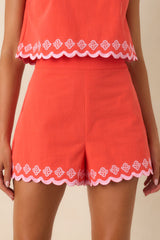 MINKPINK Amaya Coral Red & Pink Cotton Embroidered Shorts