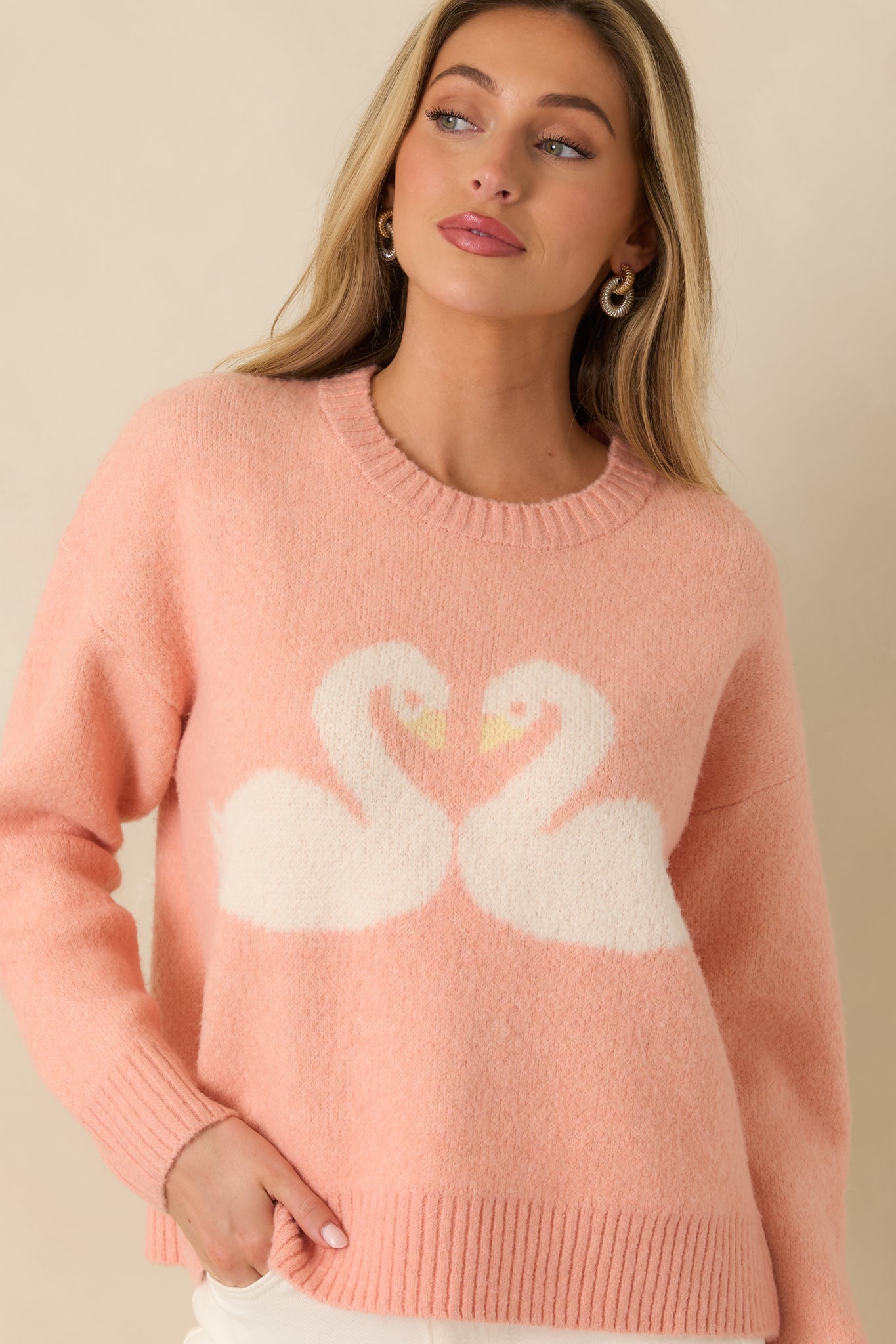 Love Birds Coral Orange Knit Swan Sweater