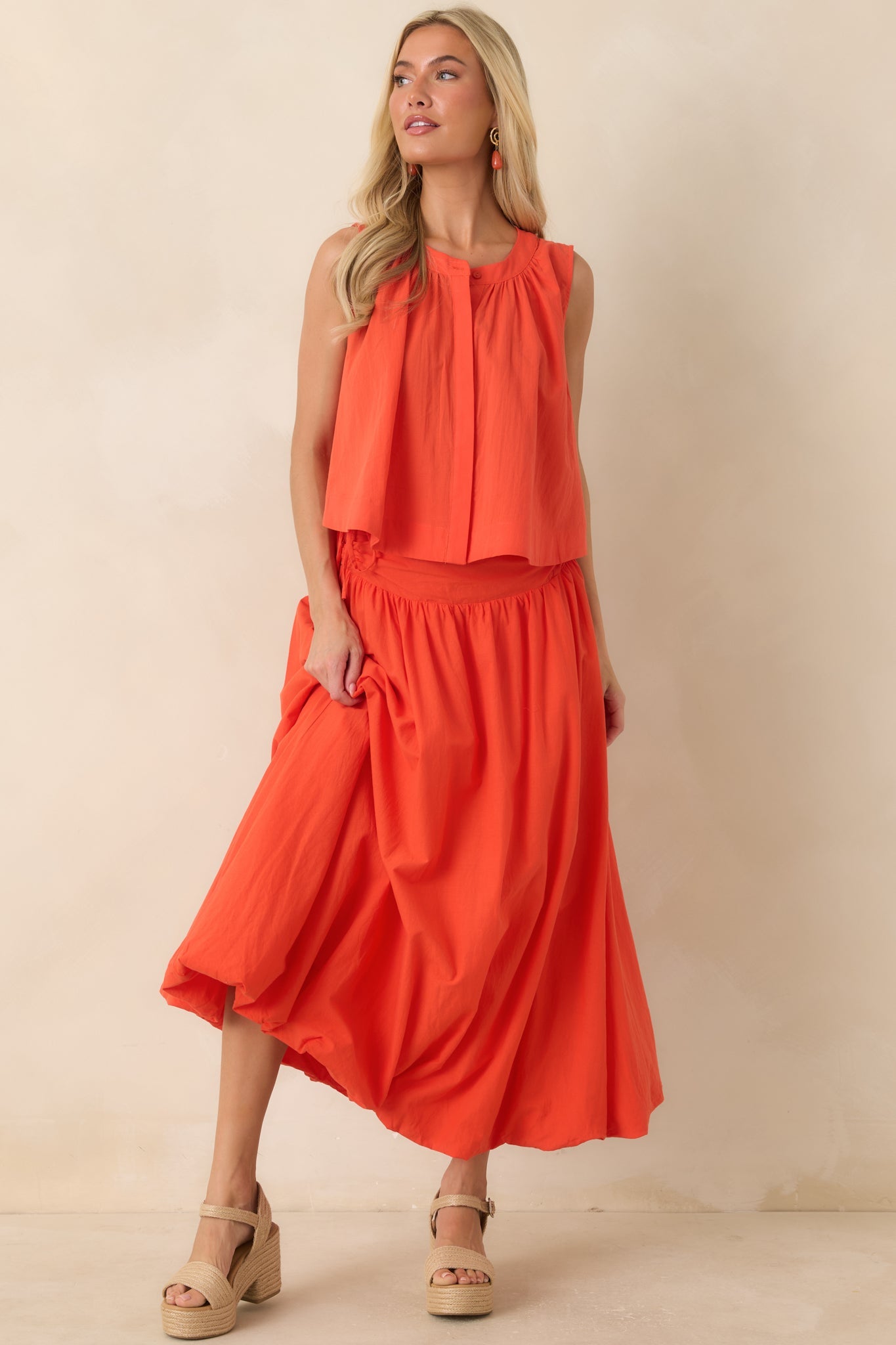 FRNCH Costabile Coral Orange Cotton Gathered Maxi Skirt