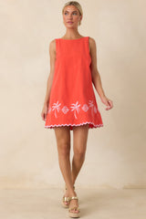 MINKPINK Amaya Coral Red & Pink Cotton Embroidered Mini Dress