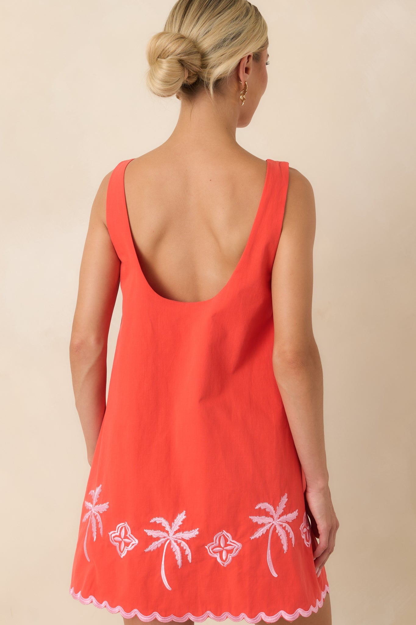 MINKPINK Amaya Coral Red & Pink Cotton Embroidered Mini Dress