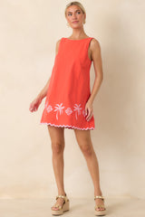 MINKPINK Amaya Coral Red & Pink Cotton Embroidered Mini Dress