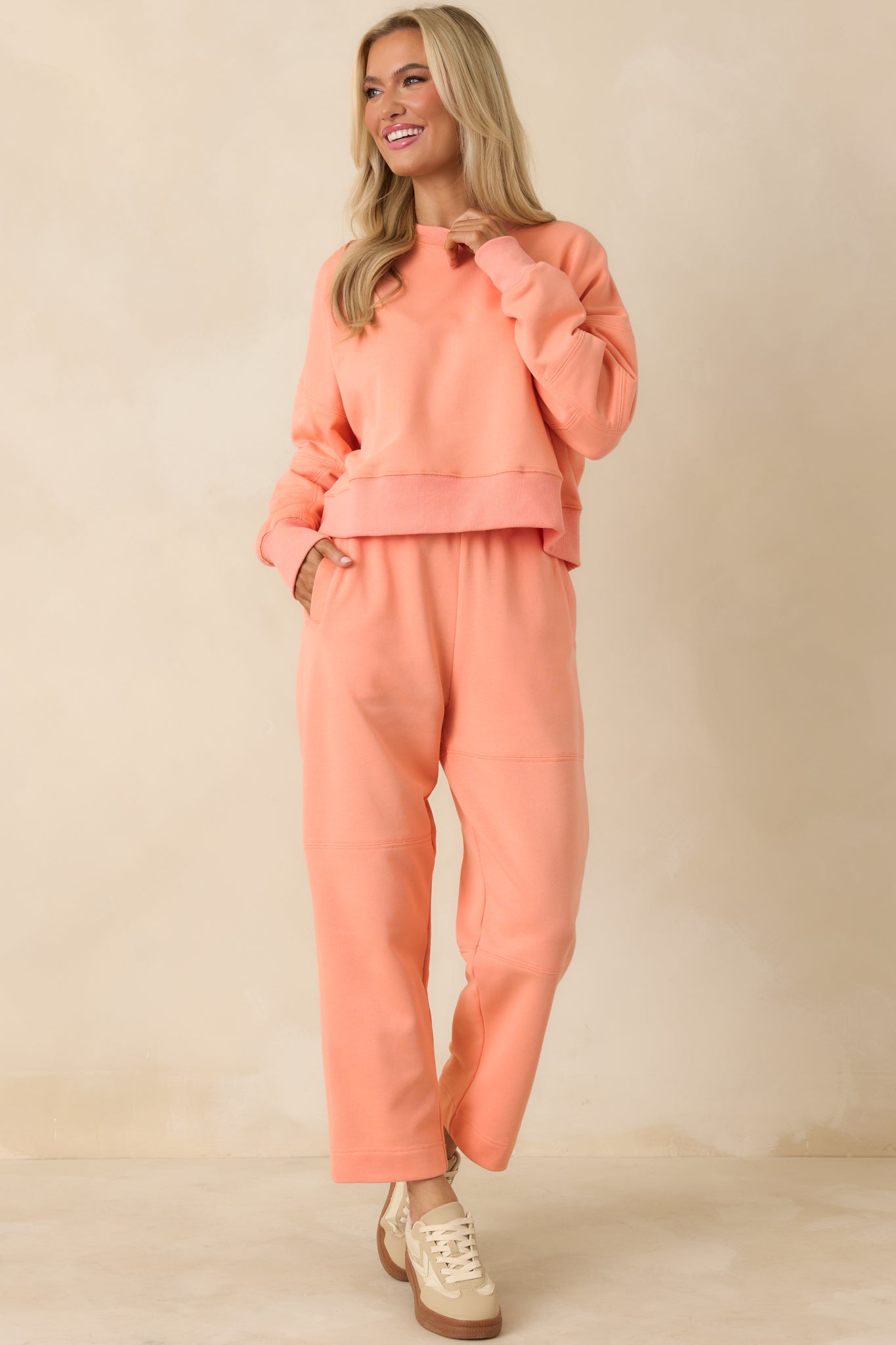 Hot Take Coral Orange Block-Stitched Relaxed Fit Sweatpants