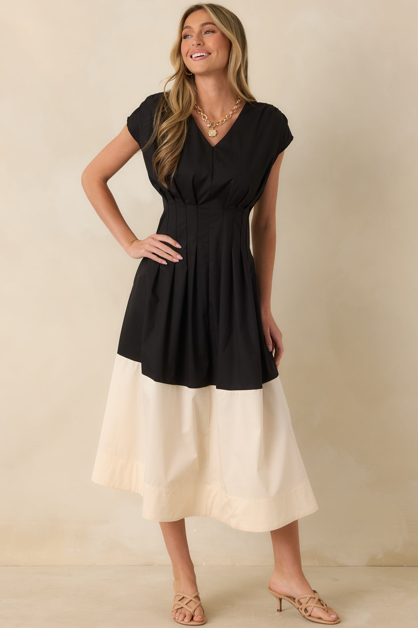 Stark Differences Black & Ivory Contrast Pleated Midi Dress