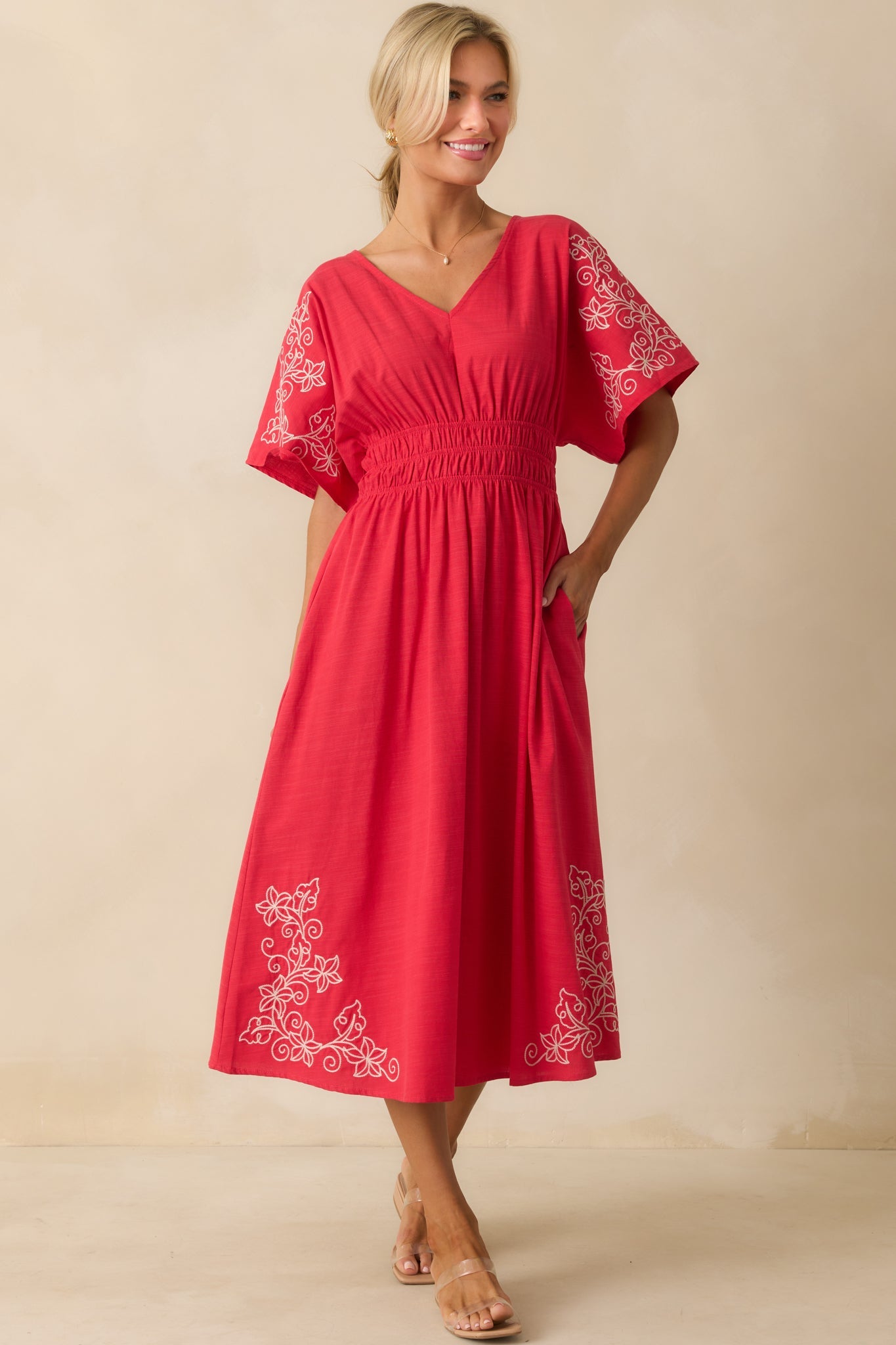 Finding Your Way Red Floral Embroidered Cotton Midi Dress