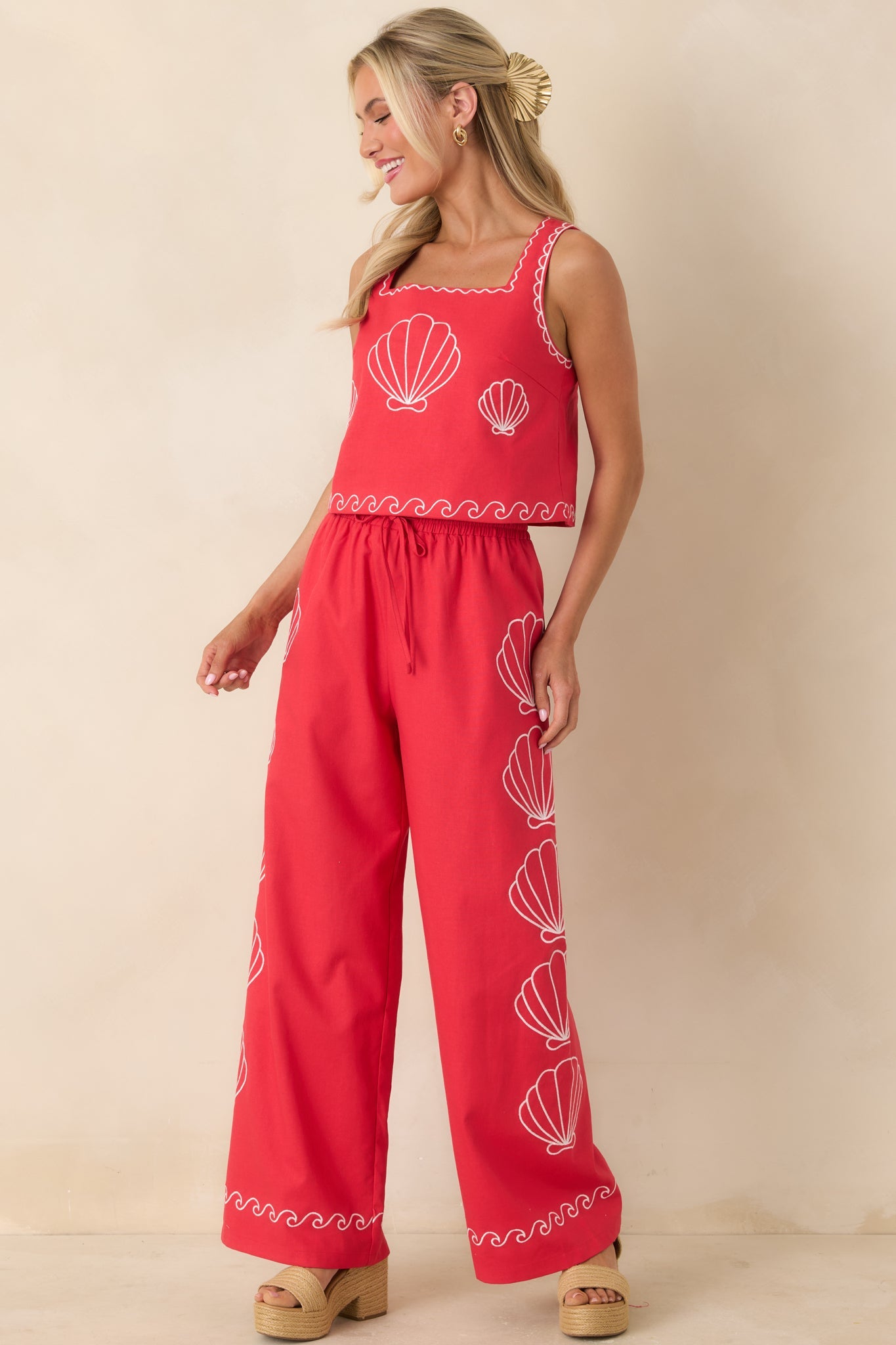 Sea You Soon Red Cotton Blend Shell Embroidered Wide Leg Pants