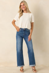 Let's Roll Medium Wash High Rise Cuffed Straight Leg Jeans