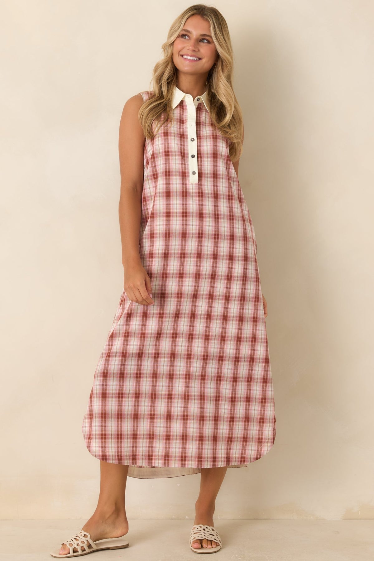Small Town Story Pink Plaid Cotton Midi Dress