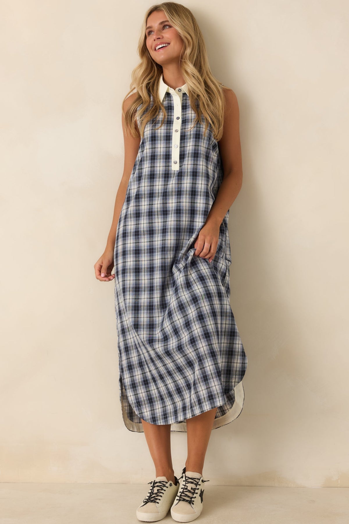 Small Town Story Navy Plaid Cotton Midi Dress