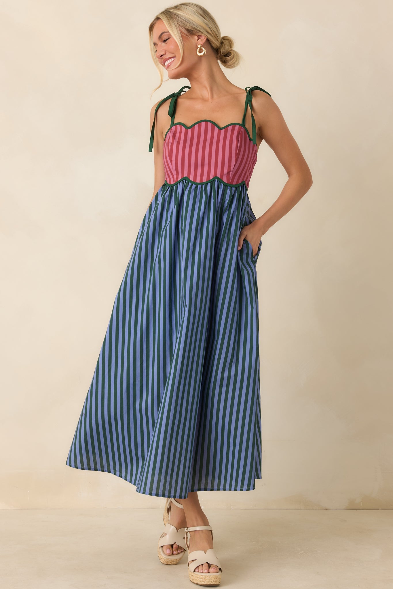 Wrong Place, Right Time Blue & Burgundy Stripe Cotton Midi Dress