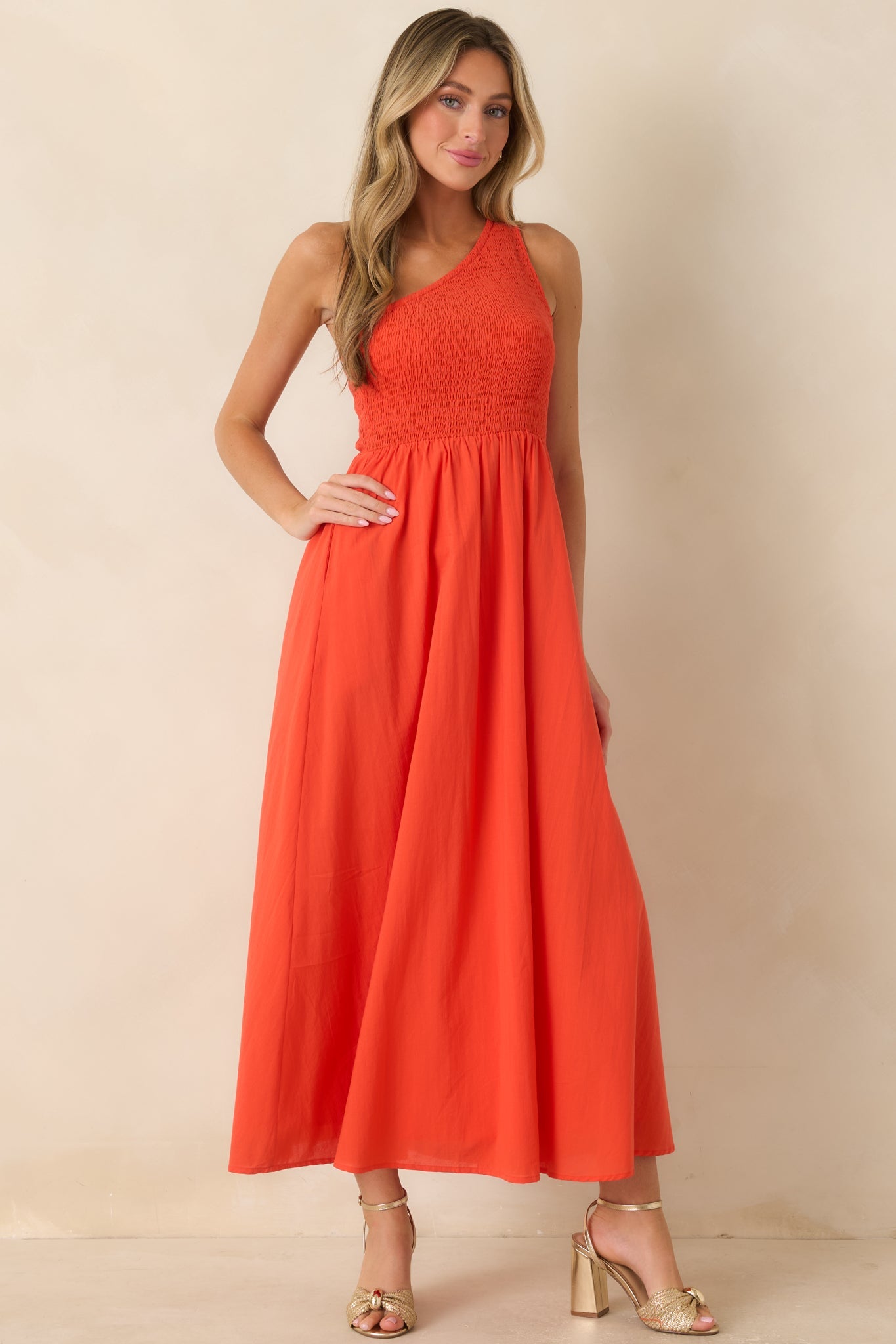 FRNCH Liberatore Coral Orange One-Shoulder Cotton Maxi Dress