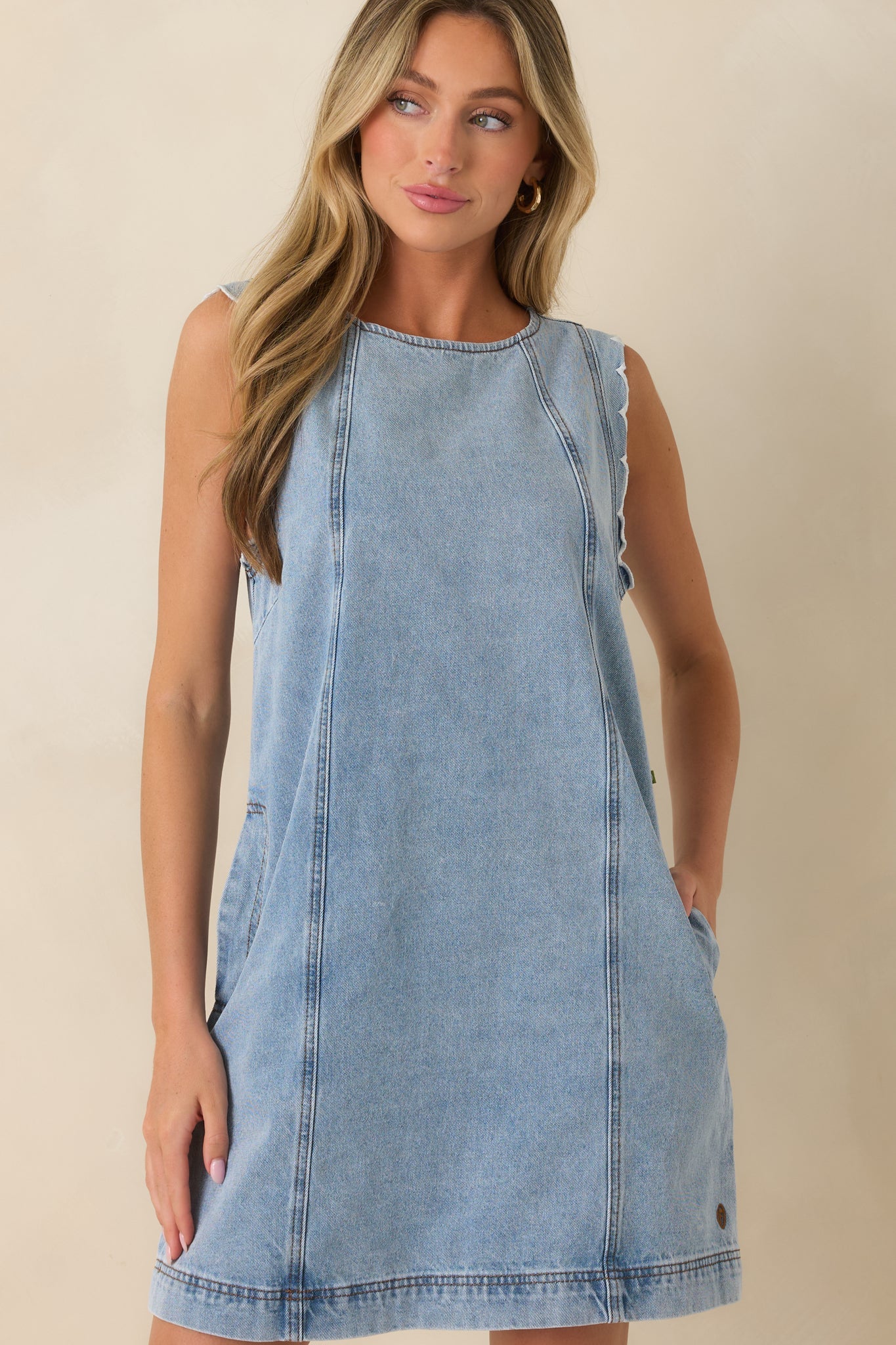 FRNCH Vito Light Wash Cotton Denim Dress
