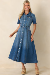 The Right Impression Medium Wash Cotton Denim Midi Dress
