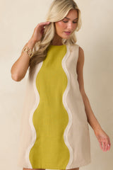 The Art of Summer Beige & Chartreuse Cotton Mini Shift Dress