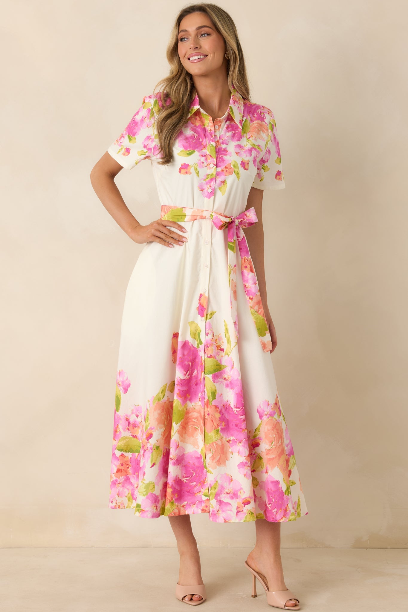 Rosy Outlook Pink Multi Floral Cotton Tie-Belt Midi Dress