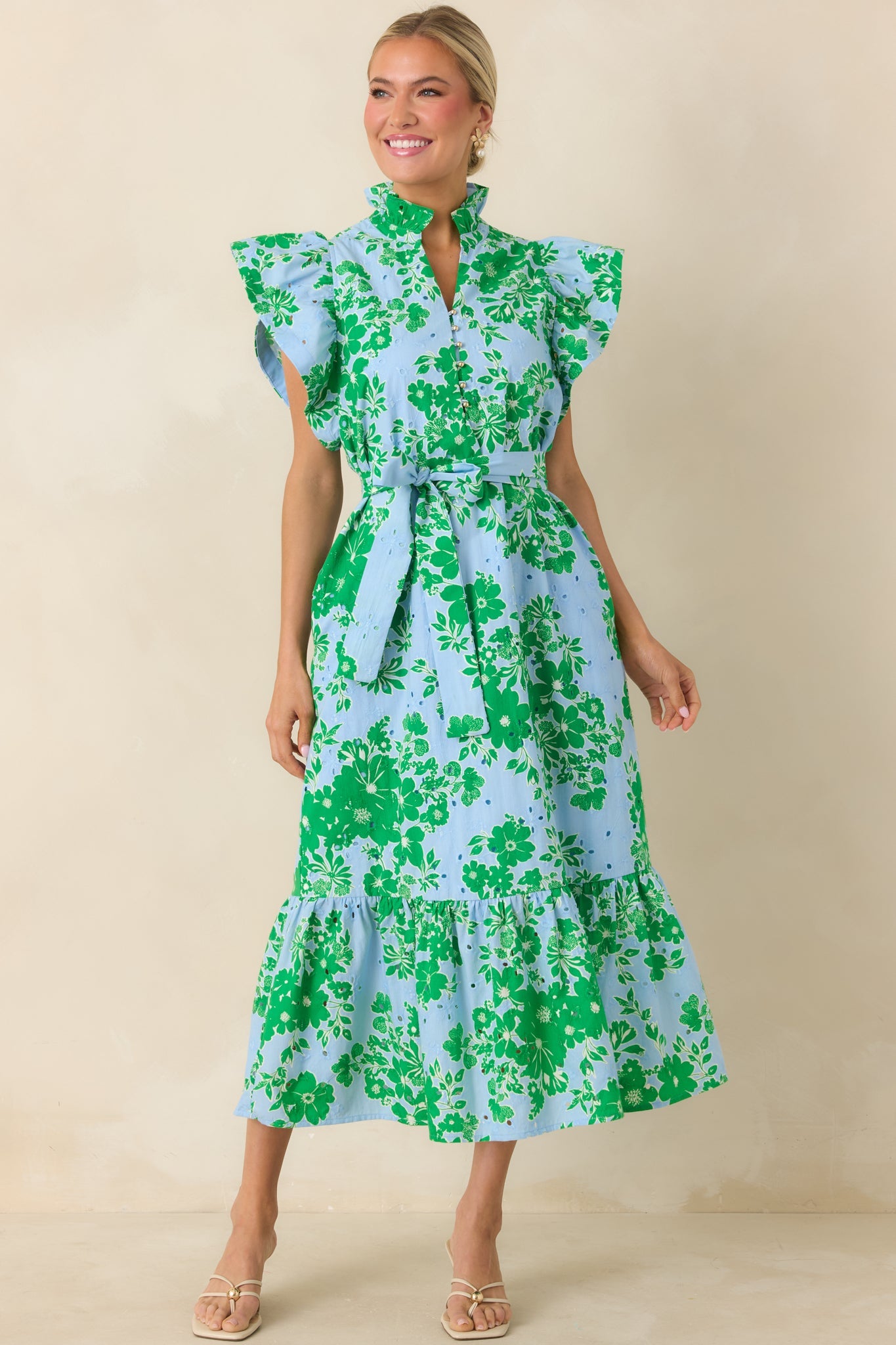 Fresh Air Floral Blue & Green Cotton Floral Eyelet Midi Dress