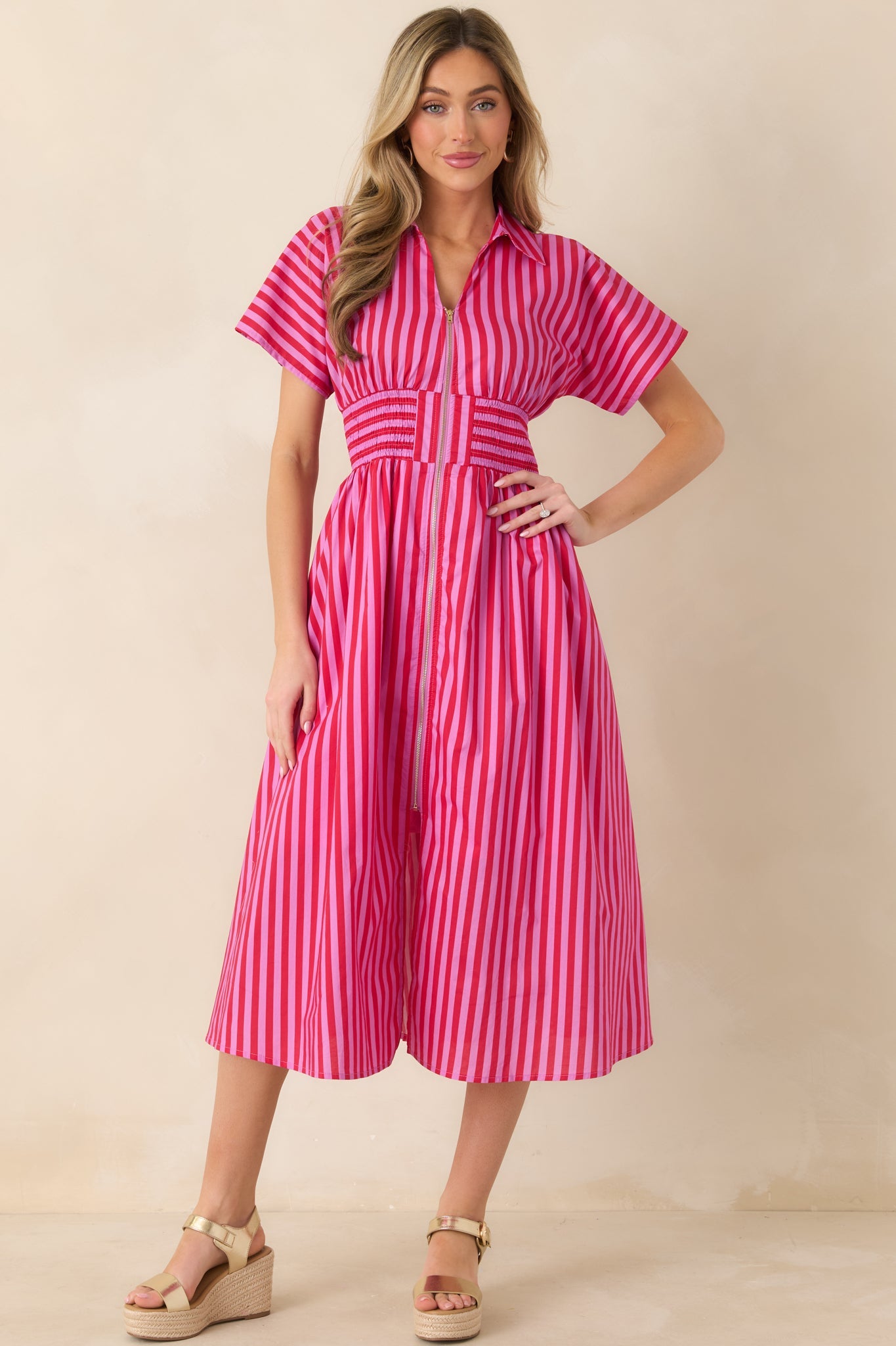Put It in Motion Pink & Red Stripe Cotton Midi Dress