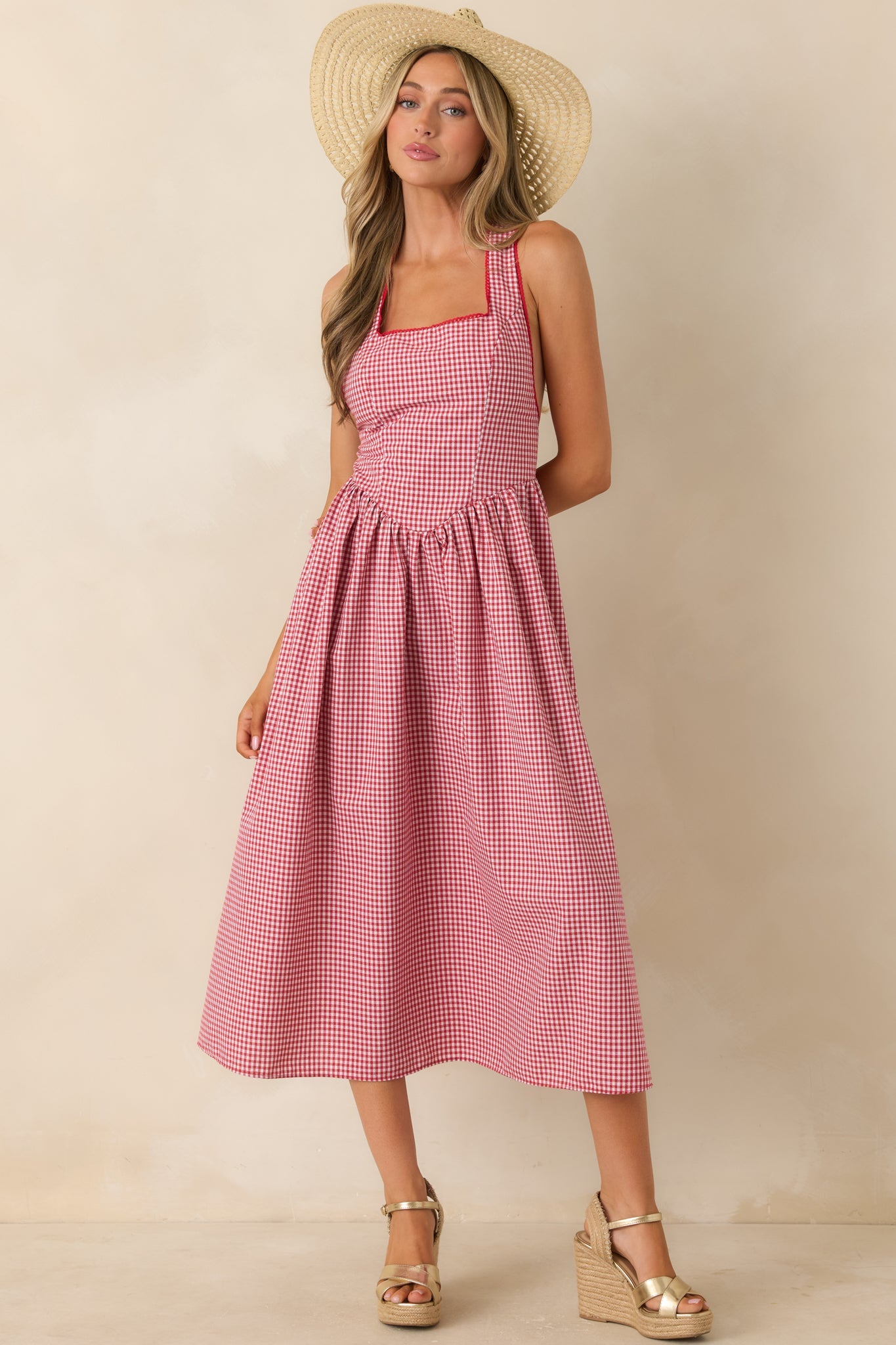 Just Because I Can Red Gingham Open Back Tie Maxi Dress