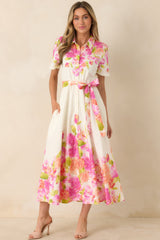 Rosy Outlook Pink Multi Floral Cotton Tie-Belt Midi Dress
