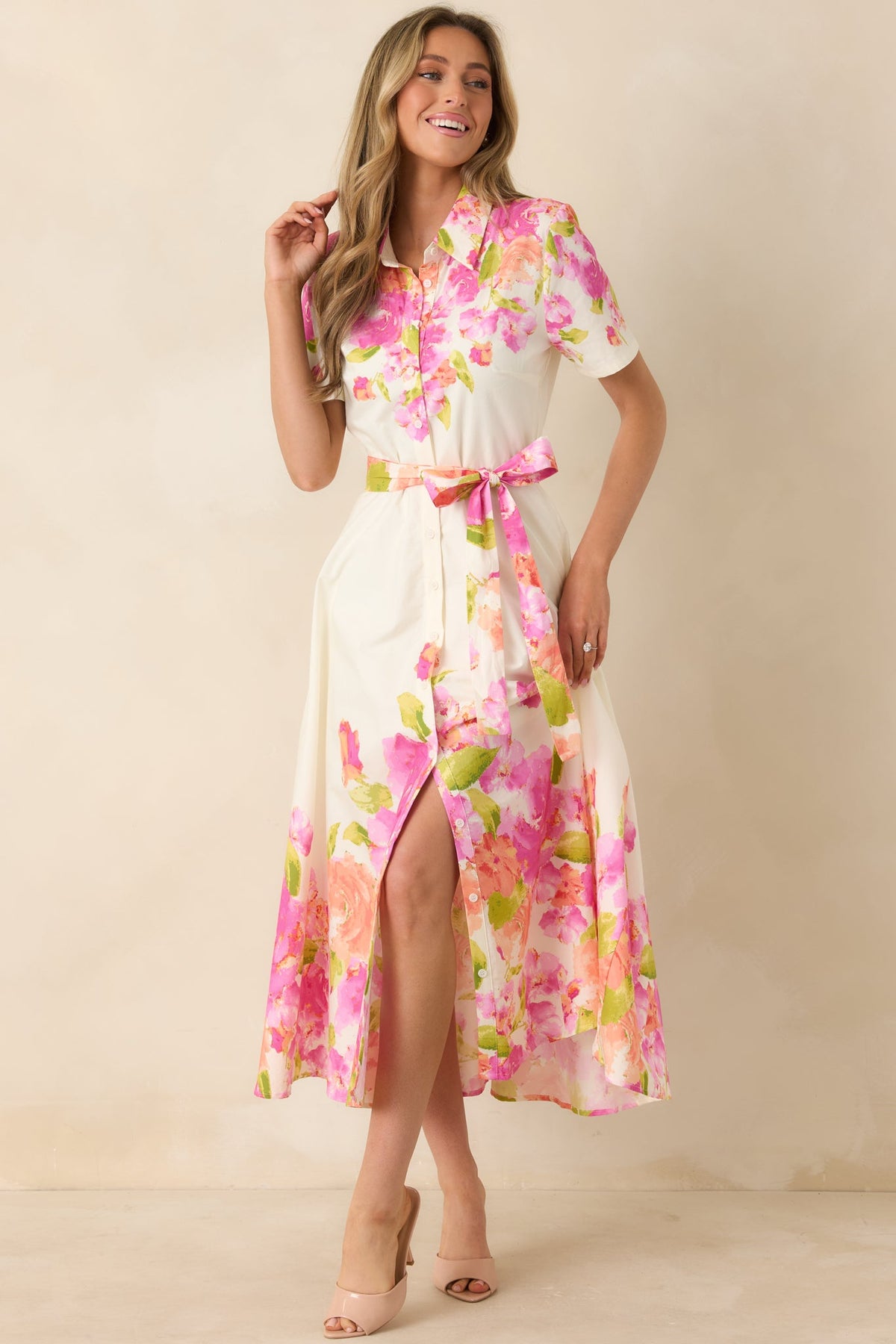 Rosy Outlook Pink Multi Floral Cotton Tie-Belt Midi Dress
