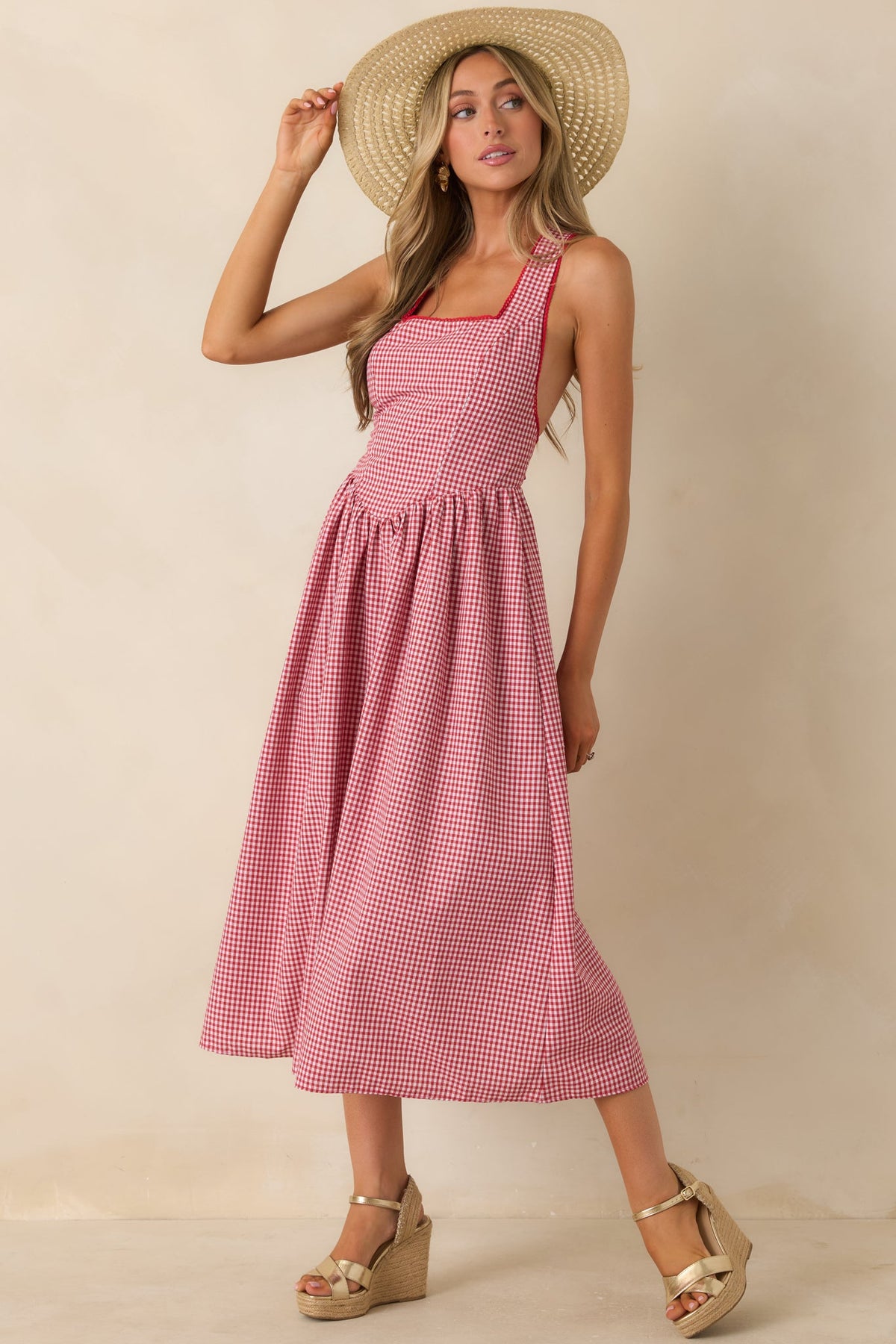 Just Because I Can Red Gingham Open Back Tie Maxi Dress