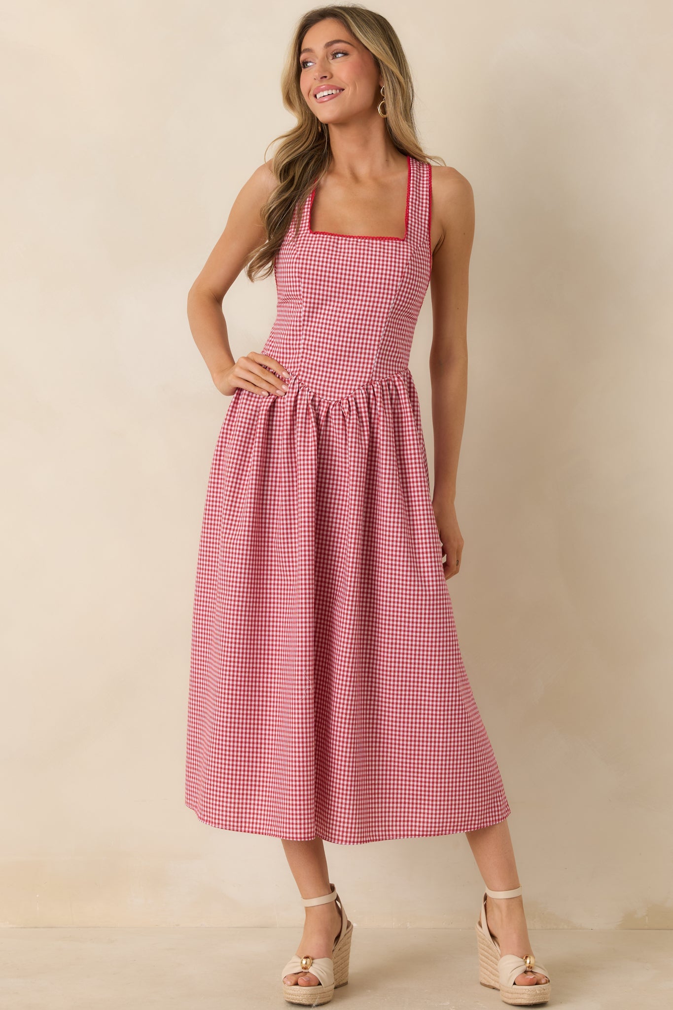 Just Because I Can Red Gingham Open Back Tie Maxi Dress