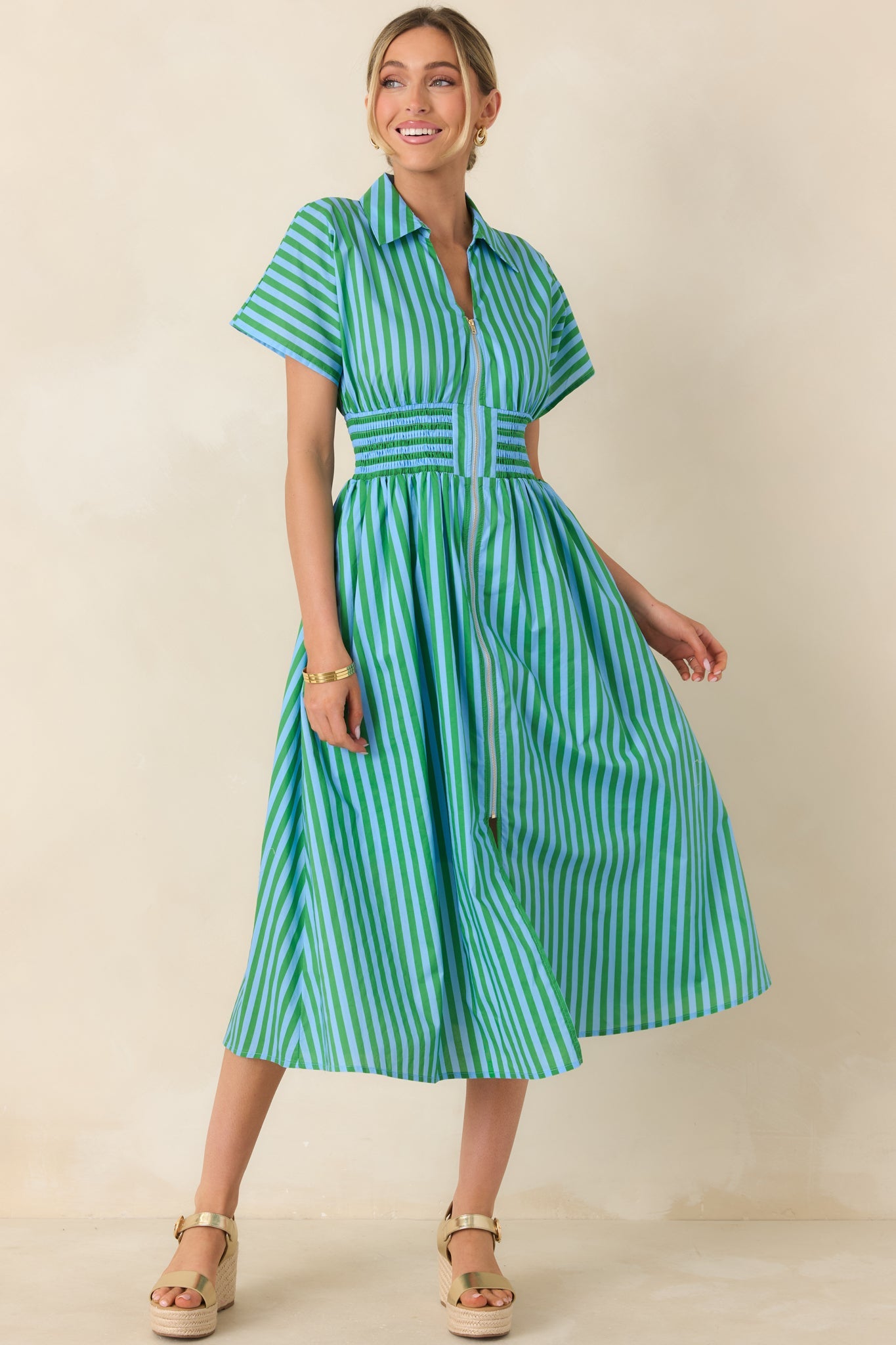 Put It in Motion Light Blue & Green Stripe Cotton Midi Dress