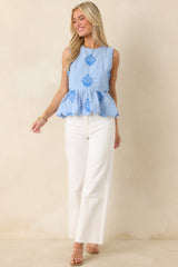 Drift Into Daylight Sky Blue Embroidered Cotton Peplum Top