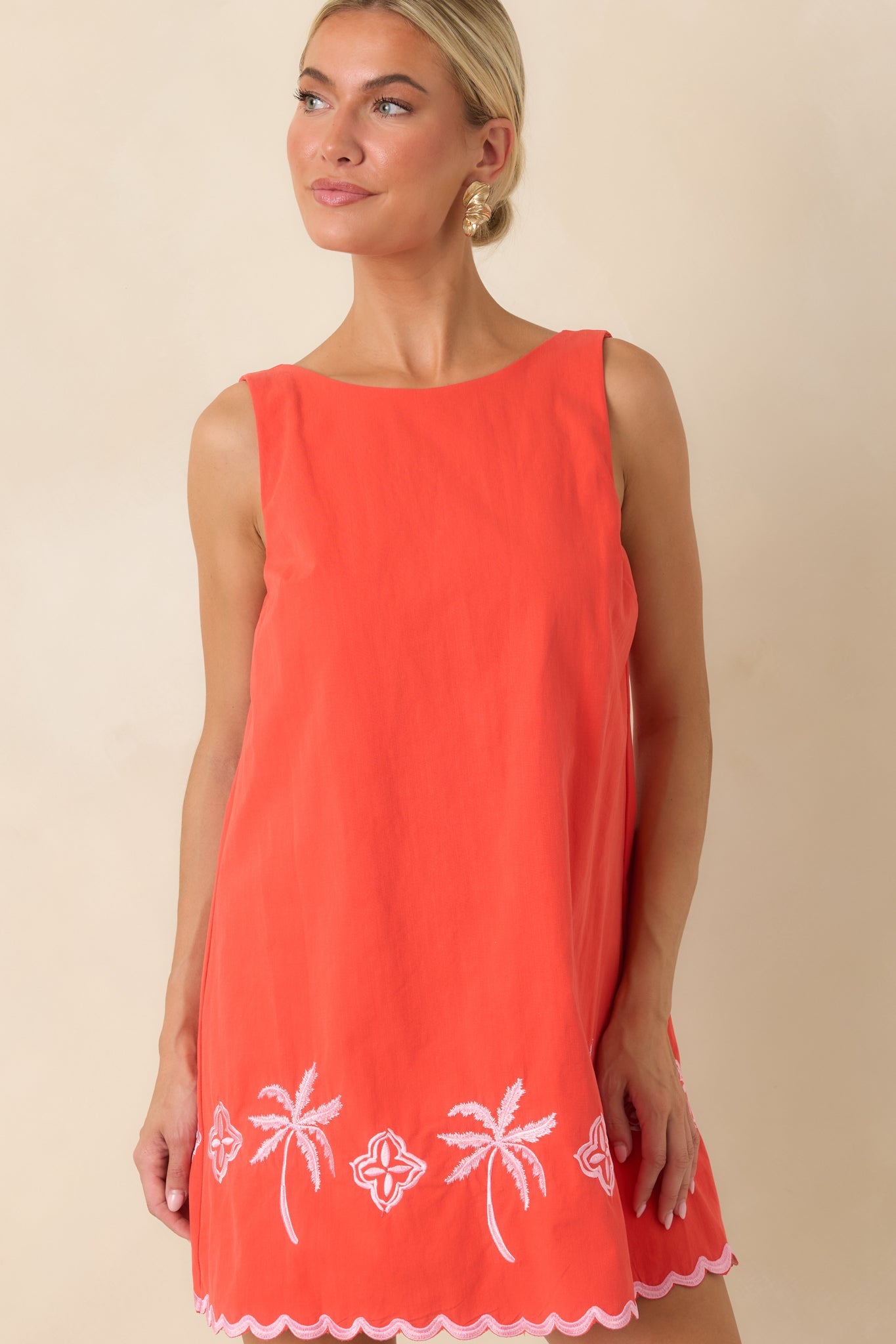 MINKPINK Amaya Coral Red & Pink Cotton Embroidered Mini Dress