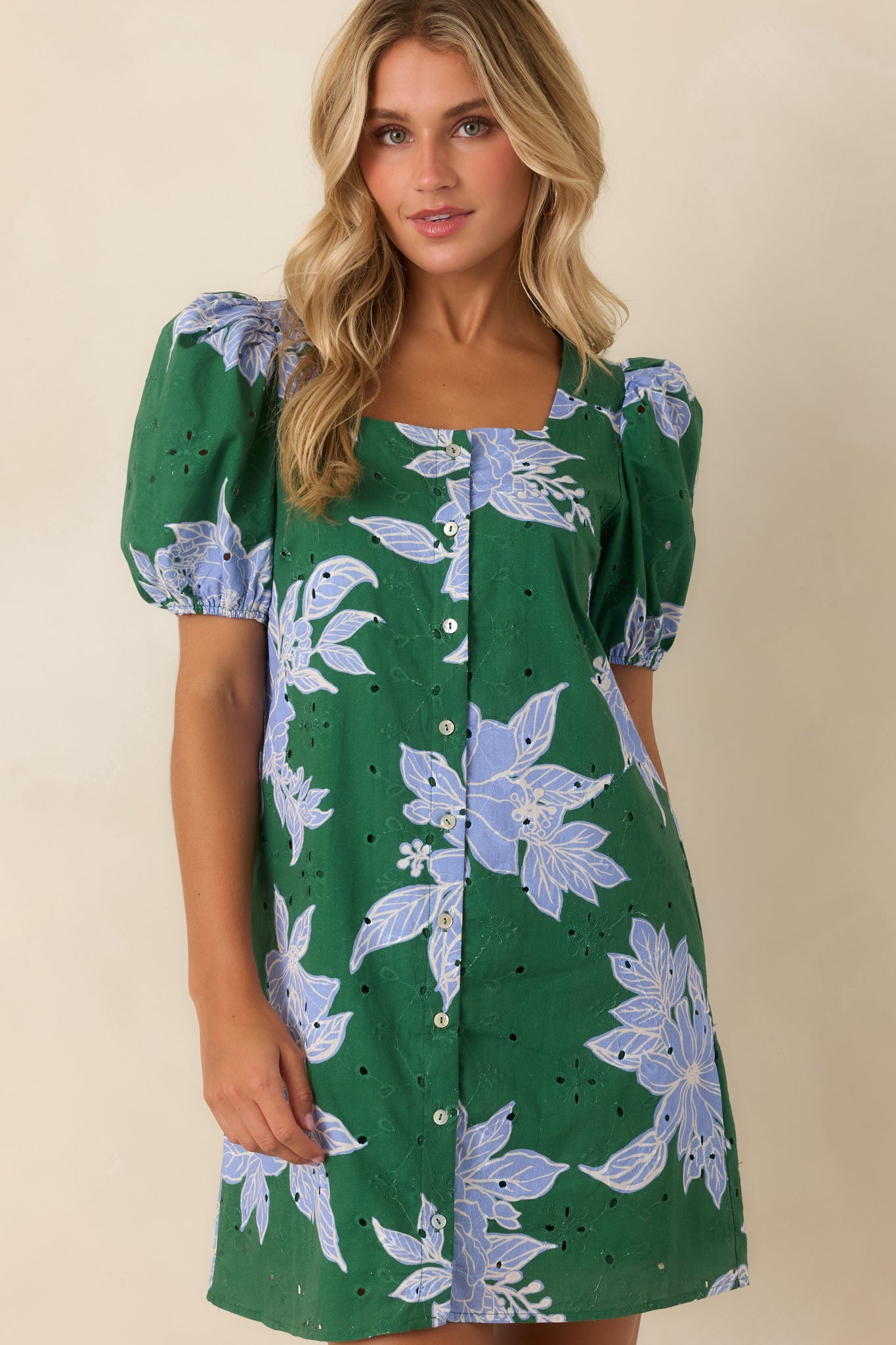 If You Ask Me Hunter Green & Blue Floral Cotton Puff Sleeve Mini Dress