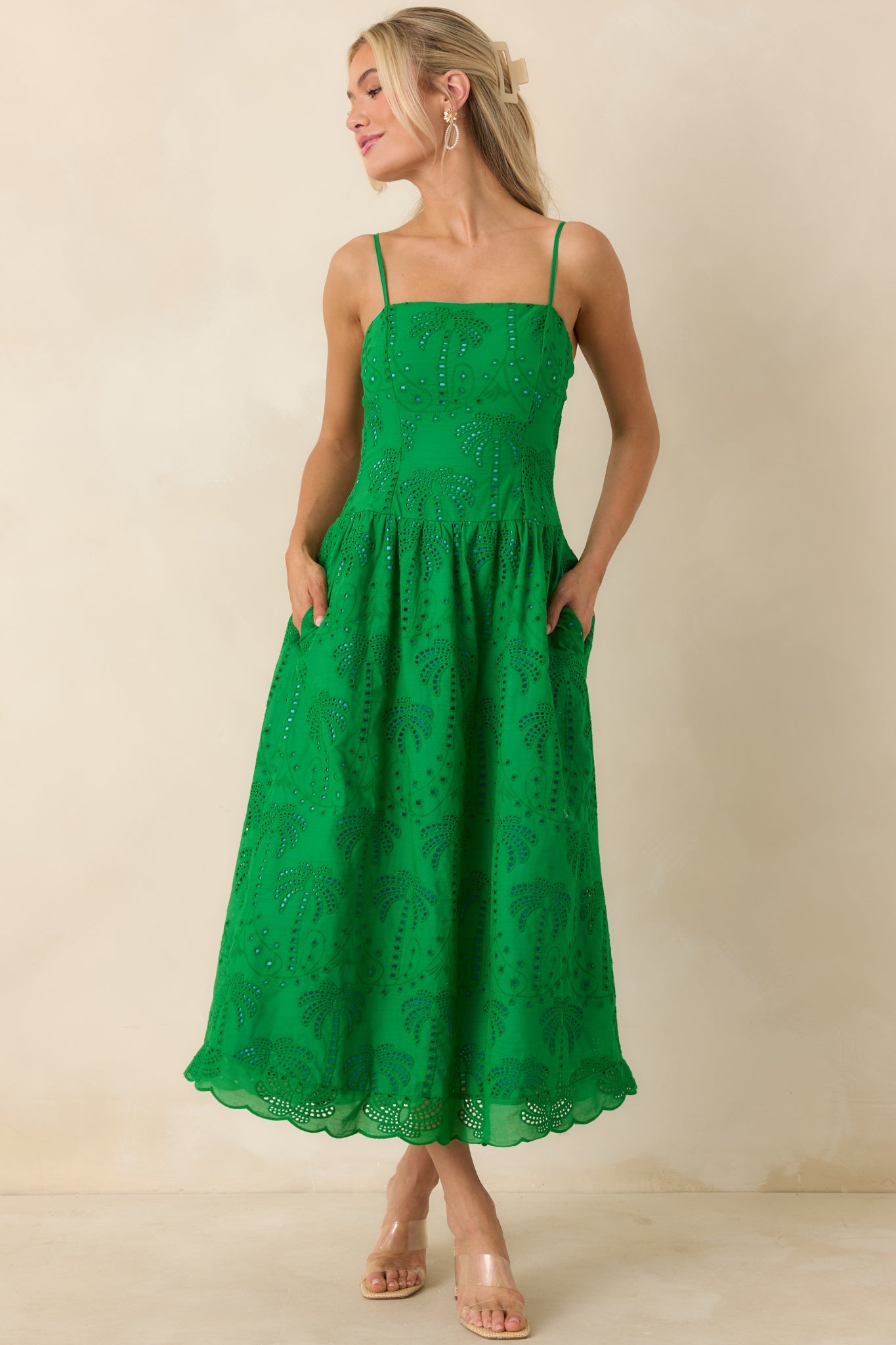 This Is It Green Cotton Eyelet Sleeveless Midi Dress