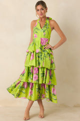 Blooming Beautiful Chartreuse Floral Cotton Halter Midi Dress