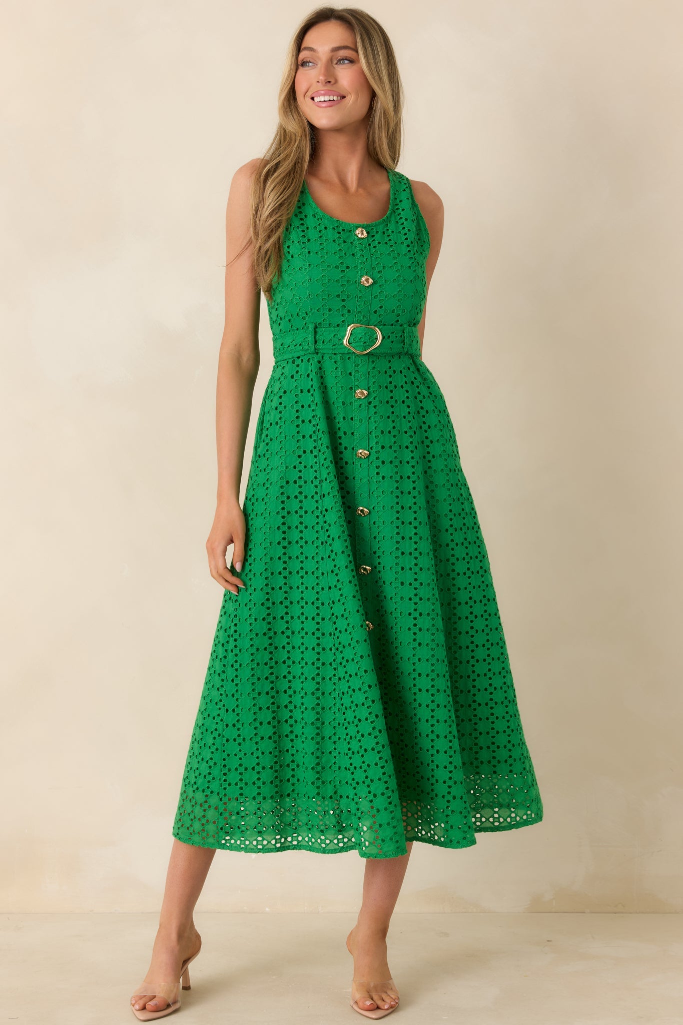 Garden Society Green Cotton Eyelet Sleeveless Midi Dress