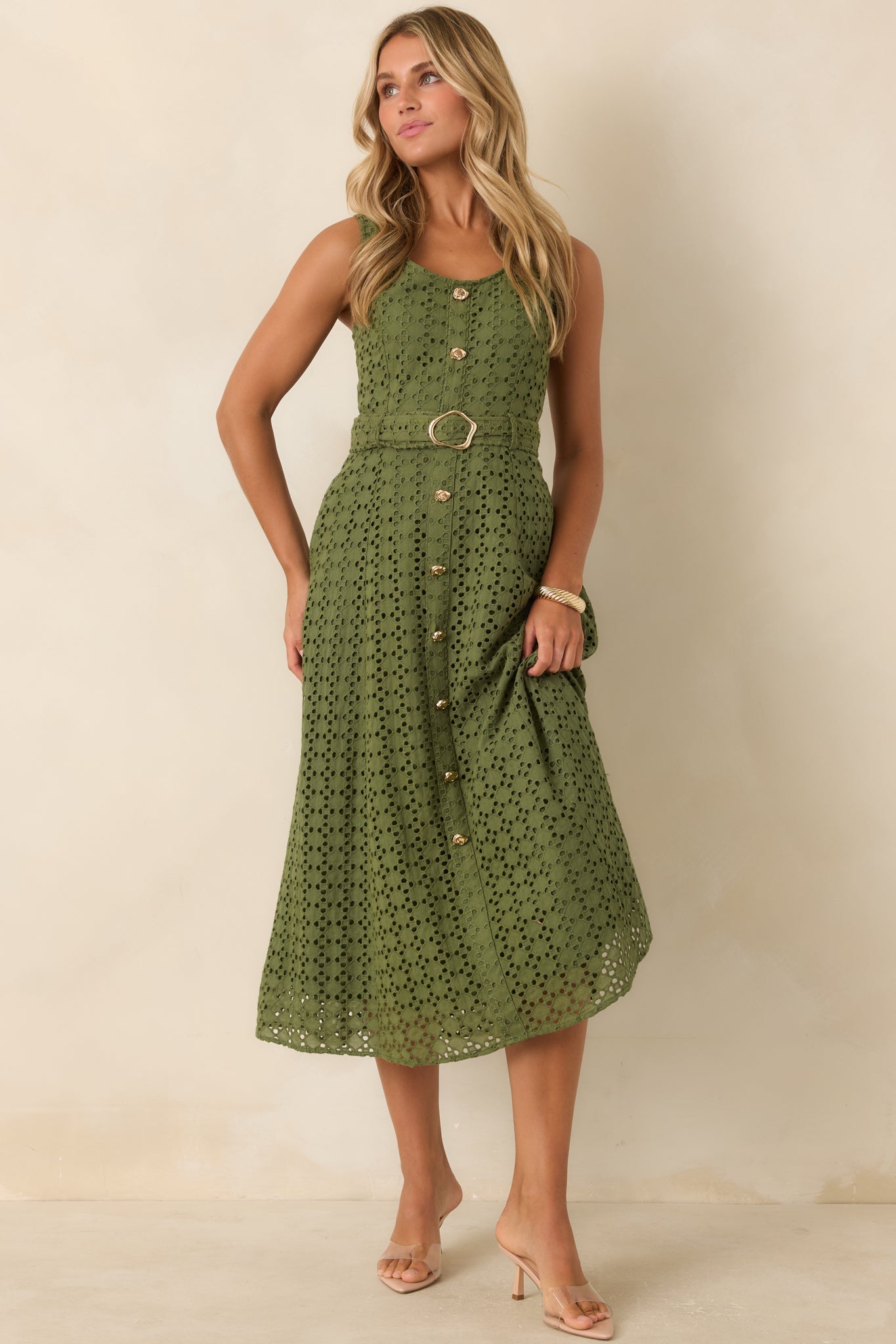 Garden Society Olive Green Cotton Eyelet Sleeveless Midi Dress