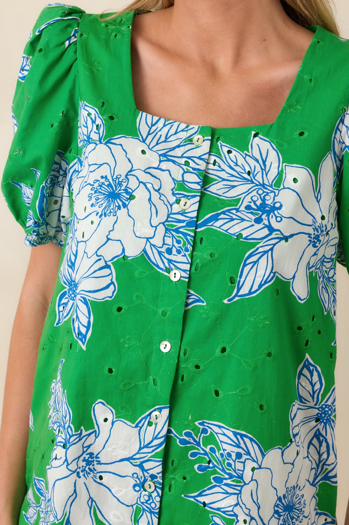 If You Ask Me Green & White Floral Cotton Puff Sleeve Mini Dress