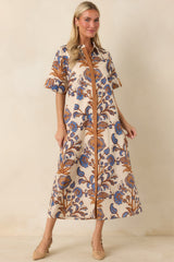 Collected Along the Way Tan & Blue Floral Midi Shirt Dress