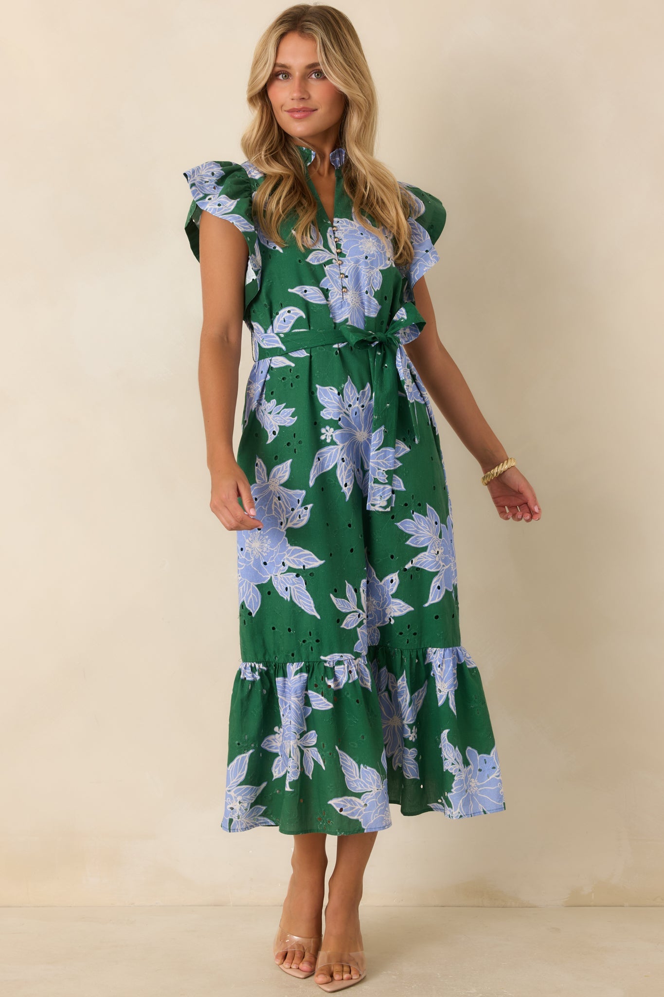 Fresh Air Affair Hunter Green & Blue Floral Cotton Eyelet Midi Dress