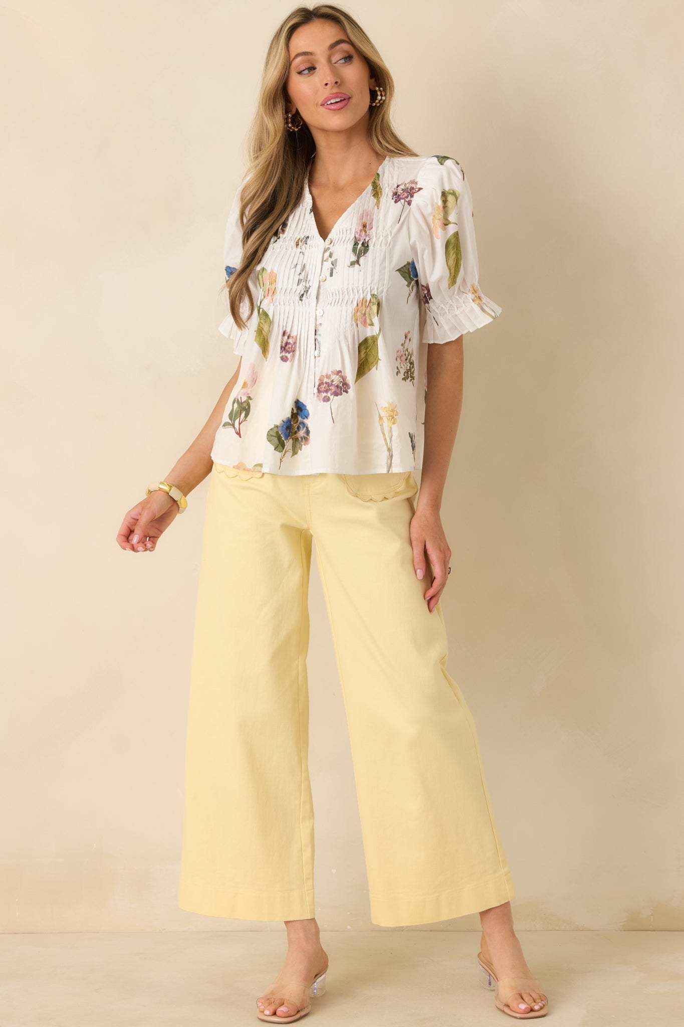 Just Add Flowers Ivory Multi Floral Print Pintuck Puff Sleeve Blouse