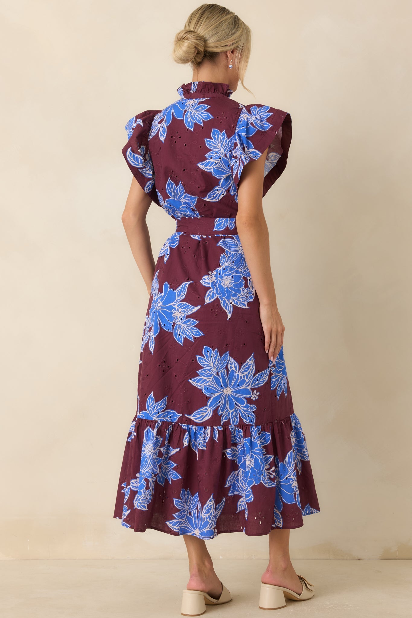 Fresh Air Affair Wine & Cobalt Floral Cotton Eyelet Midi Dress