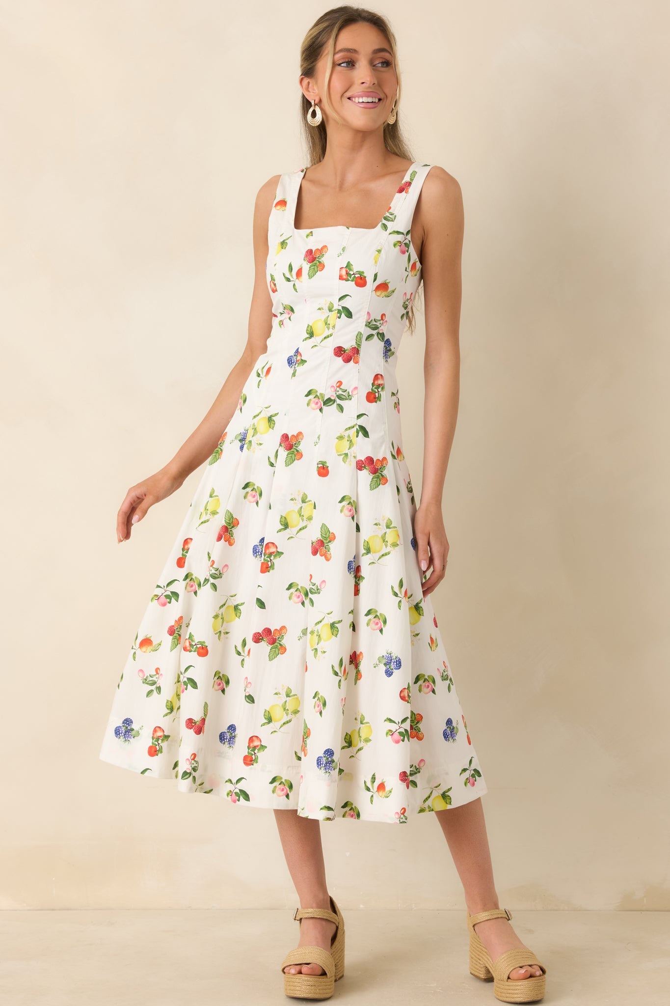 Sweet on Summer White Multi Cotton Fruit Print Midi Dress