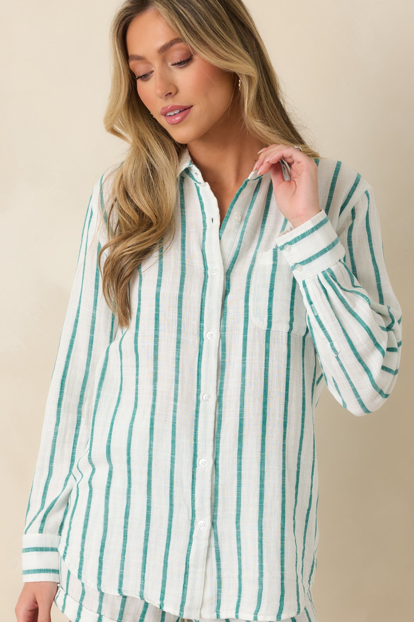 Z Supply Saturdays Rainforest Green Stripe Cotton Gauze Shirt