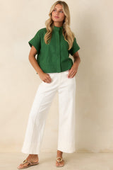 Pretty In Power Fern Green Cotton Linen Button-Front Mock Neck Top
