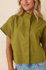 Pretty In Power Olive Green Cotton Linen Button-Front Mock Neck Top