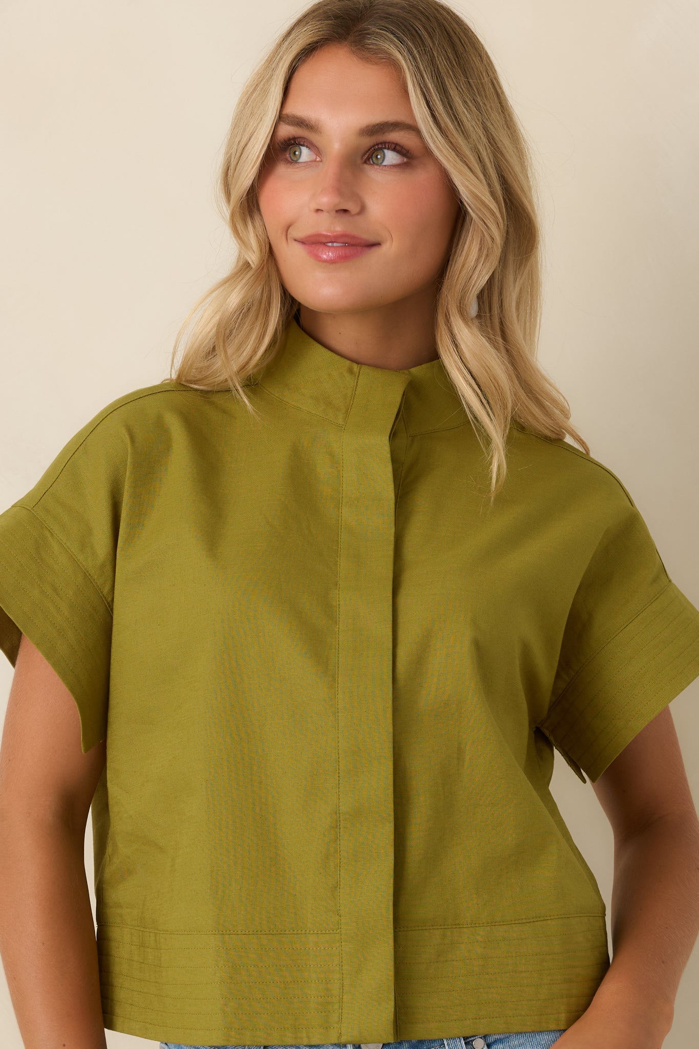 Pretty In Power Olive Green Cotton Linen Button-Front Mock Neck Top