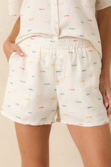 School's Out Ivory Multi Cotton Linen Fish Print Shorts