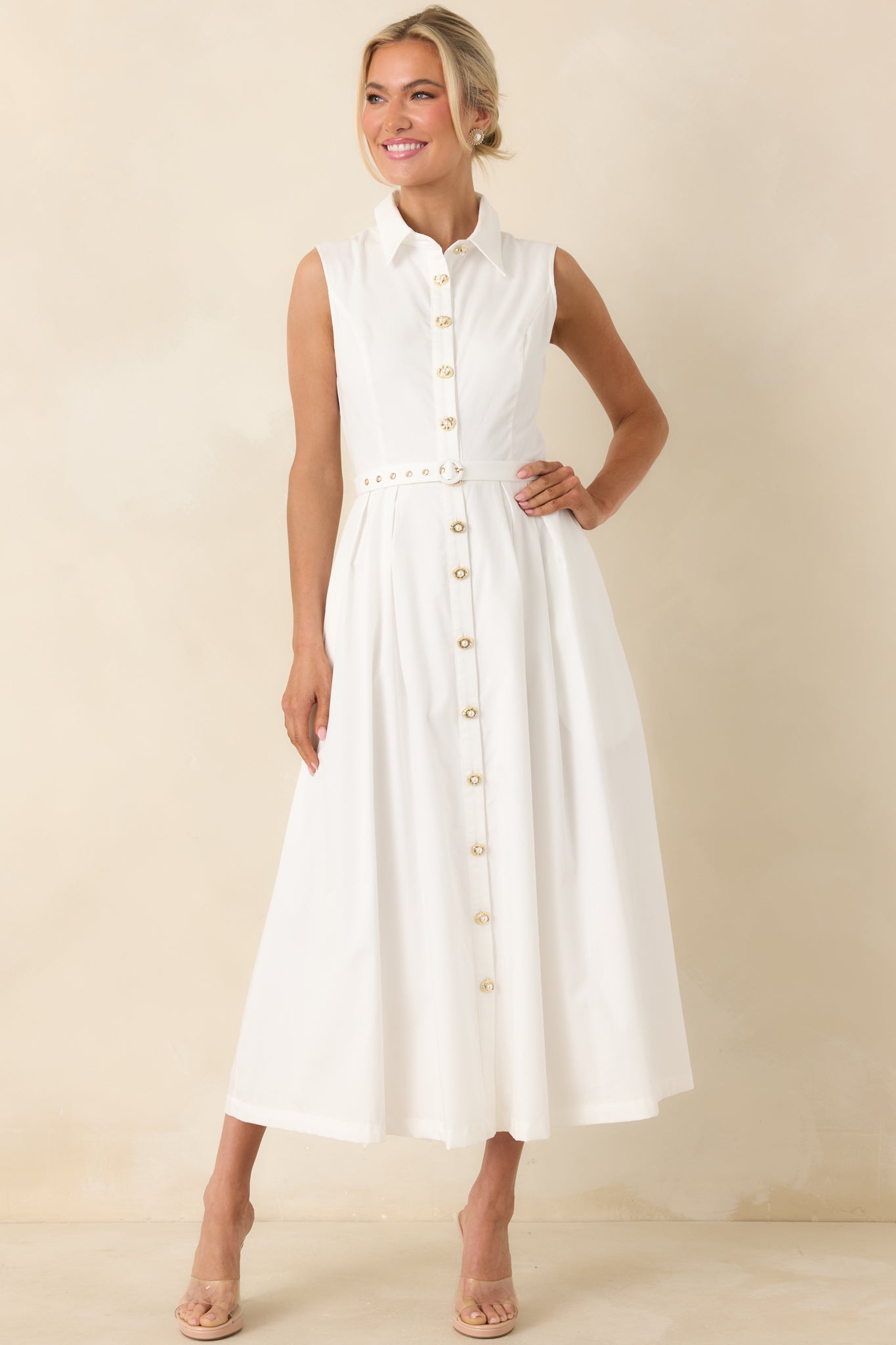 What Can I Say White Cotton Sleeveless Button Front Belted Maxi Dress