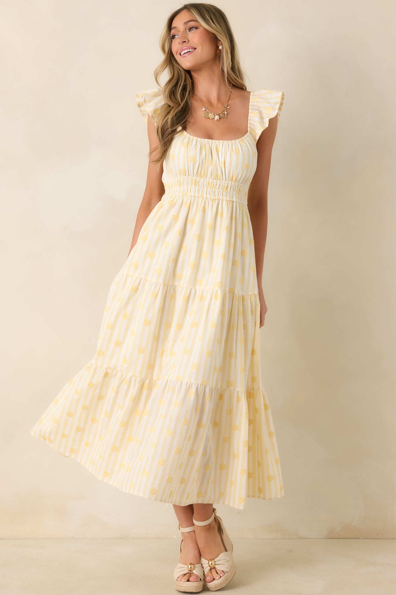 Meadow Mornings Yellow Stripe Floral Embroidered Cotton Maxi Dress